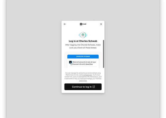 Sources Plaid log in facility in AssetView