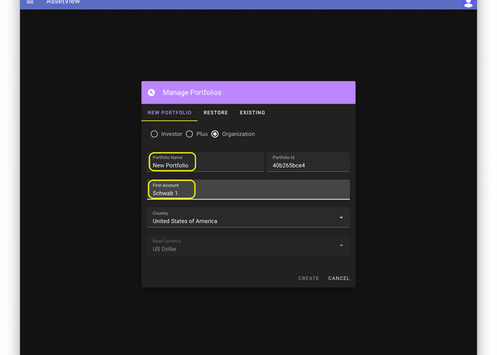 Naming an account in AssetView